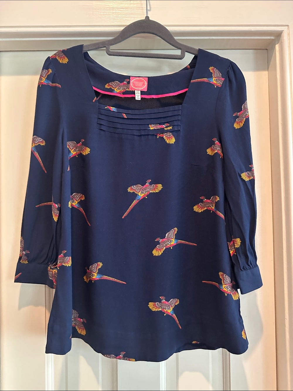 Joules Navy Blouse with Colorful Bird Print - 3/4 Sleeve